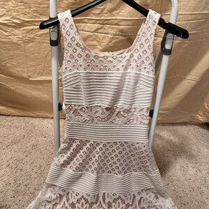 White/Nude ruffled style dress with wide straps and see through lace in some are